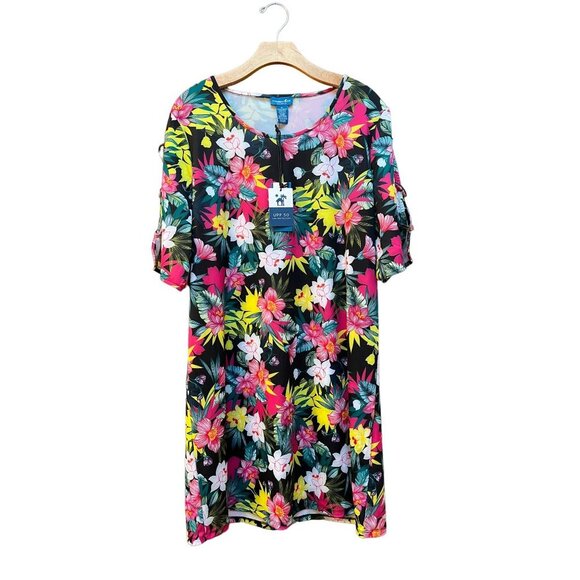 NWT Hawaiian Floral Print T-Shirt Dress Swim Cover Beach Dress UPF 50+ - Picture 2 of 6